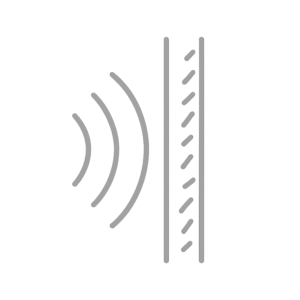 Sound waves blocked by a wall illustrating sound transmission class and acoustic ratings.