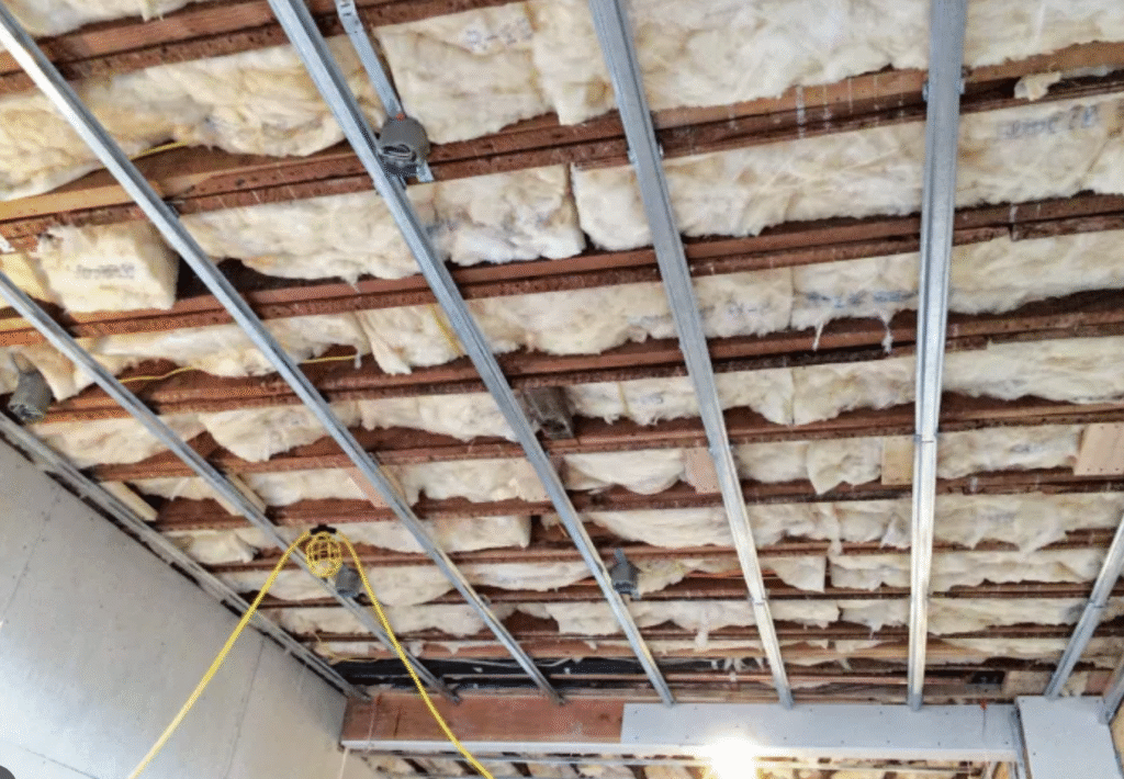 Fiberglass ceiling insulation showing low density and air gaps, ineffective for soundproofing.