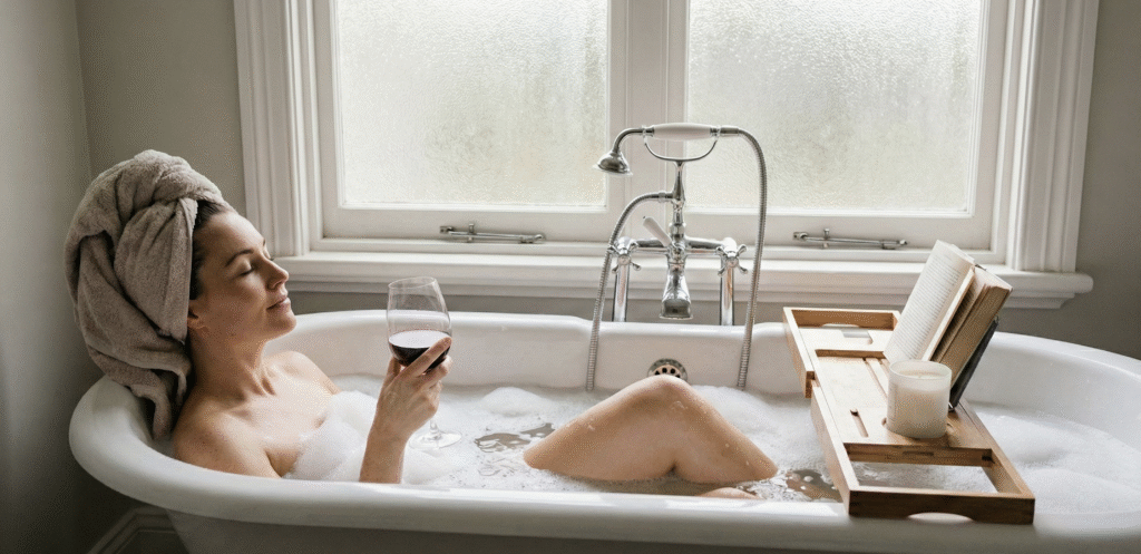 Woman relaxing in a bath enjoying peace and quiet.