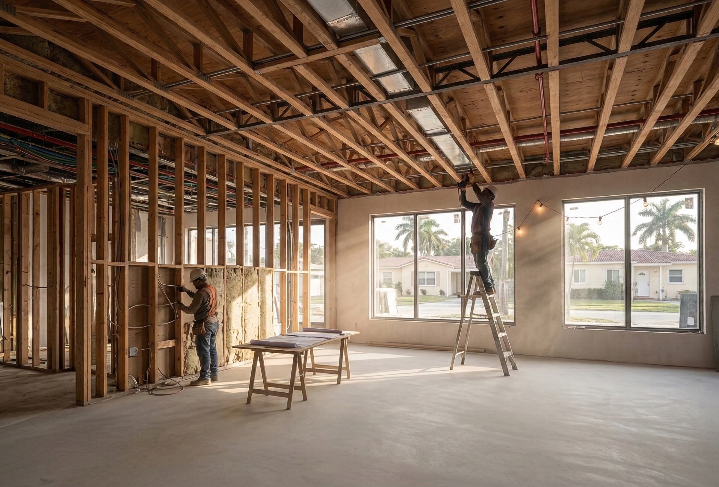 New construction framing and soundproofing installation before drywall.