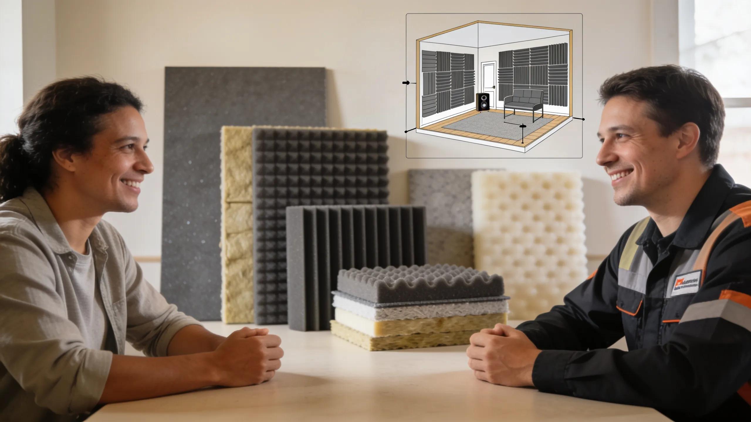 Homeowner consulting with a noise control contractor about soundproofing solutions in Toronto