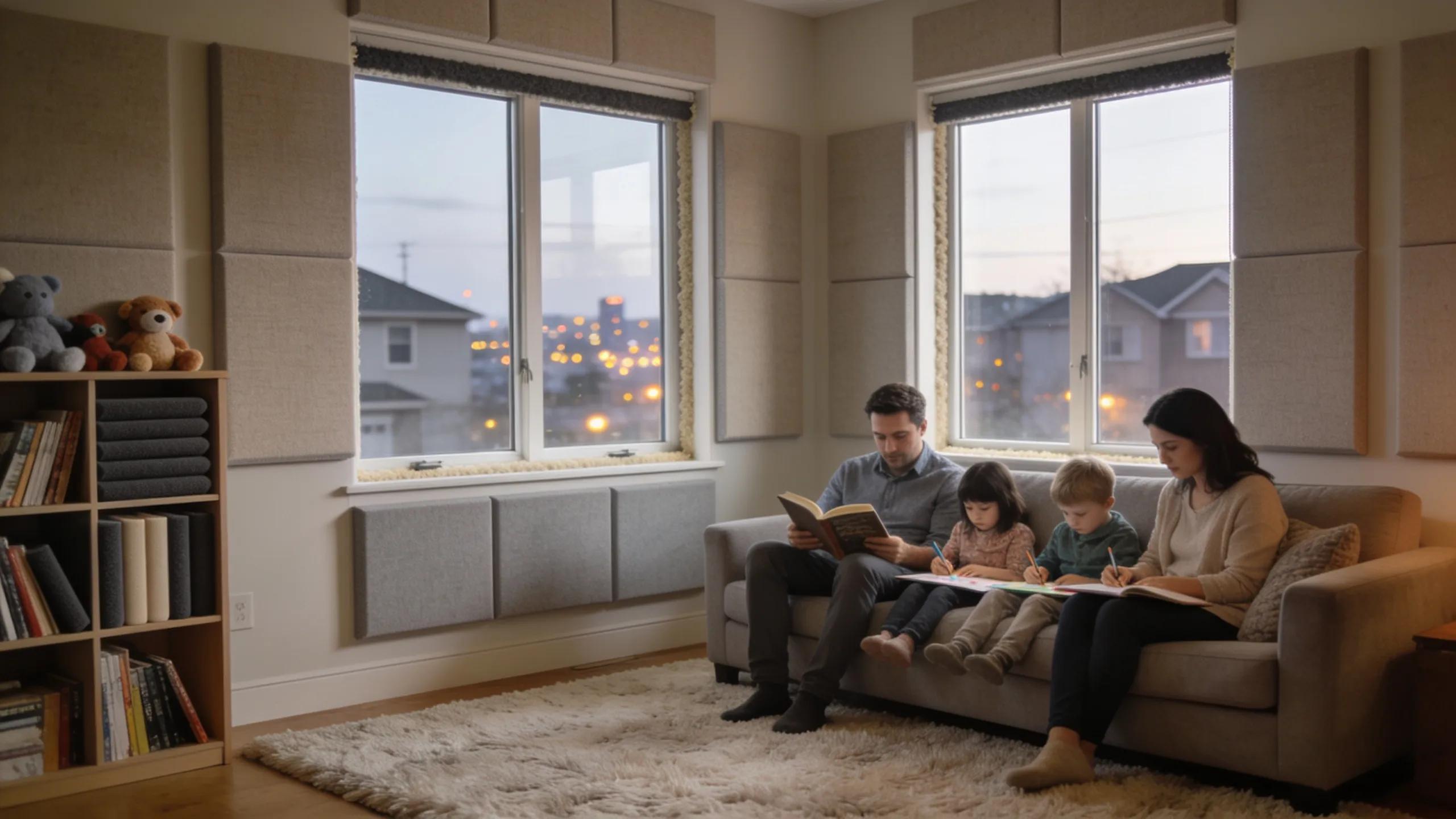 Interior of a suburban home in Burlington showcasing effective soundproofing solutions with acoustic panels and cozy decor