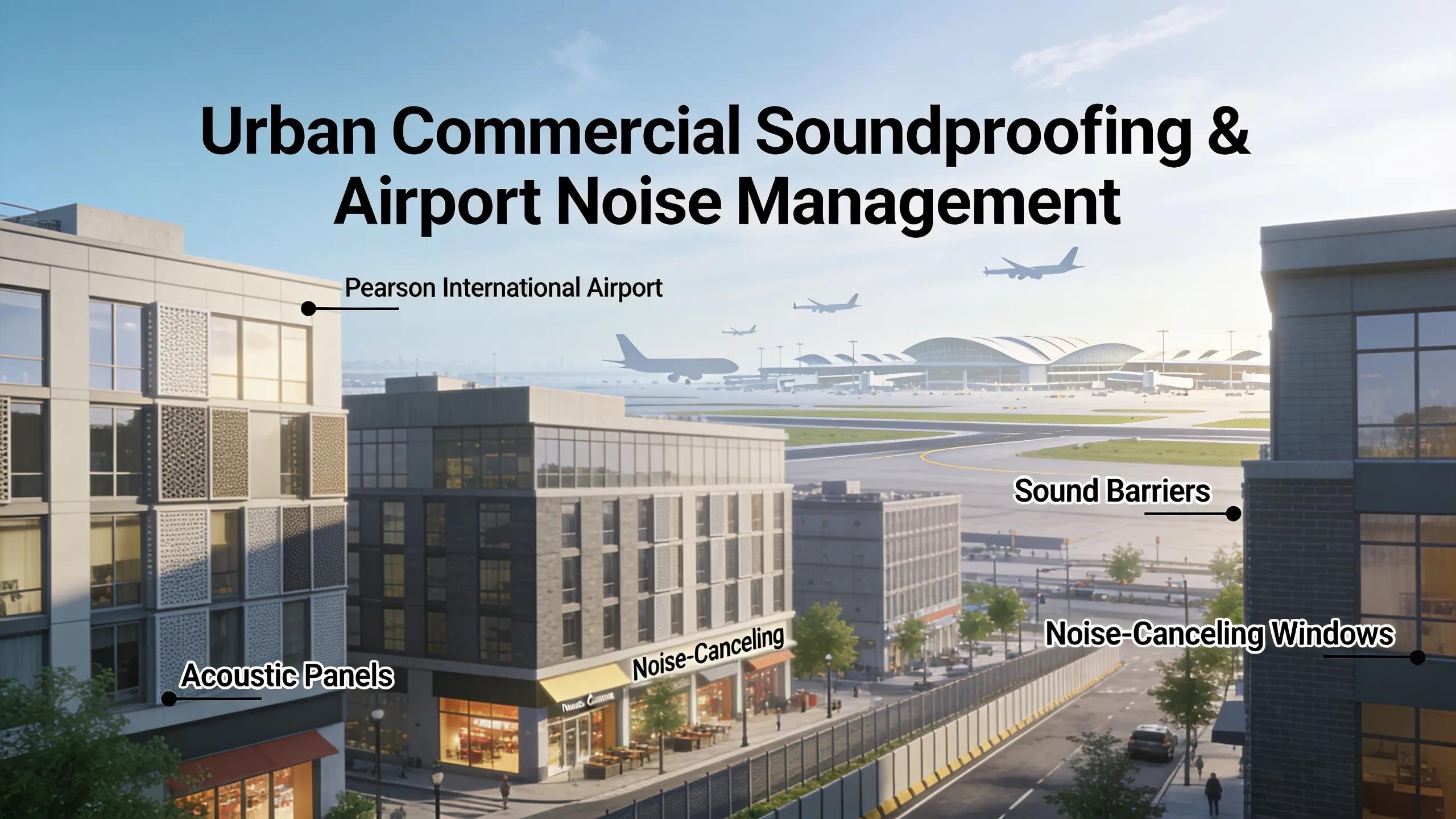 Soundproofing solutions showcased in a commercial area near Pearson Airport, addressing noise regulations