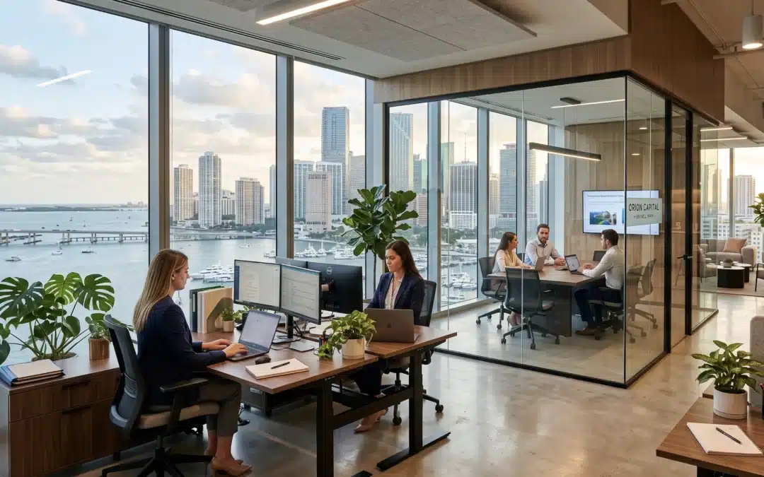 Modern office space with glass conference room and city view, illustrating commercial soundproofing solutions in